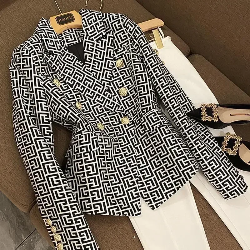 2024 New Star Fashion Double Breasted Pink Geometric Jacquard Slim Long Sleeve Casual Suit Jacket