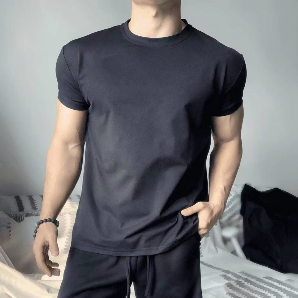 Shoulder Pad Muscle T Shirt Men Short Sleeve Slim Fit Workout Tee Casual Sports Apparel Solid Color Breathable Top