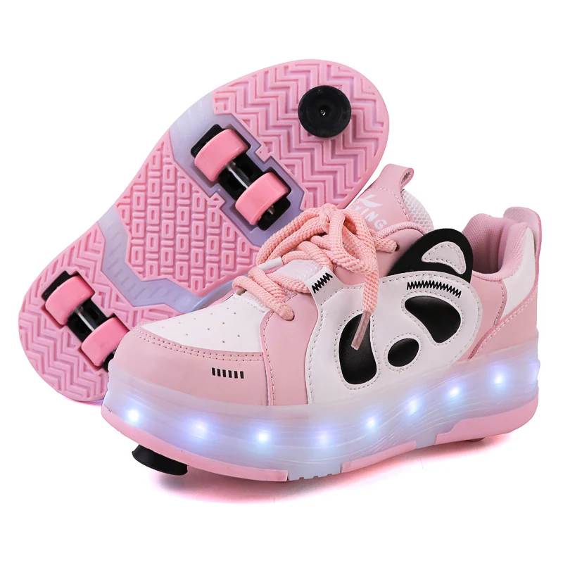 Children's Panda 4Weels Roller Skating Shoes for Boys Girls Shoes with LED Lights Breathable USB Charging Skate Shoes for Kids