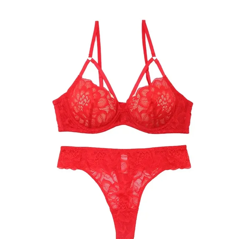 

Red Sexy Underwear Ultra Thin Transparent Bra Thong Panties Women Lingerie Underwire Lace Bra Set