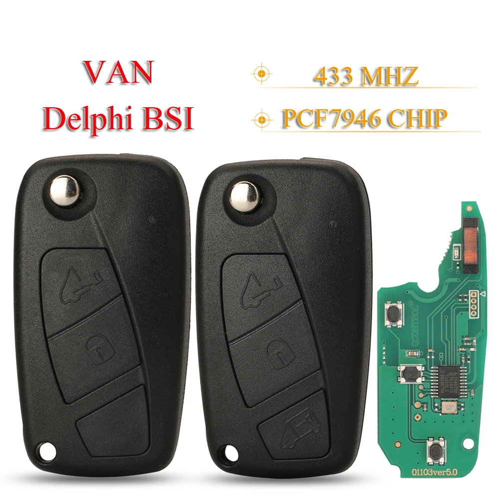 jingyuqin Flip Remote Car Key for VAN Fiat Fiorino 500 Doblo Grande Punto Punto Evo Punto Qubo 2/3BTN 433MHz PCF7946 Delphi BSI