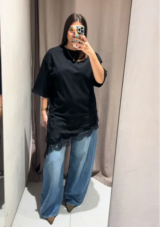 Spitzen-Patchwork-Shirts für Damen Lässiger Rundhalsausschnitt Halblange Ärmel Einfarbiges Loses T-Shirt 2026 Frühling Sommer Mode Streetwear Damen-Oberteile