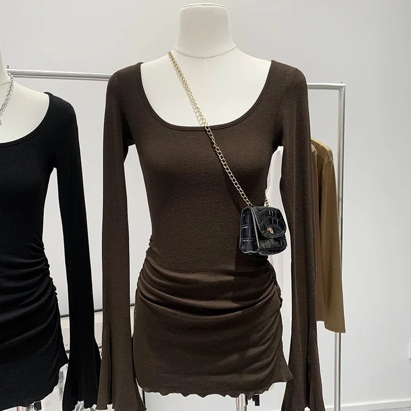 

Large Neck Flared Sleeve T-shirt Pleated Women Spring 2025 New Wlong-sleeved Top Women Clothes
