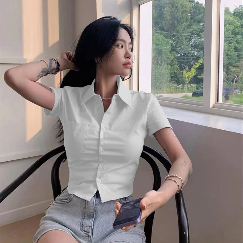 MEXZT White Basic Shirts Women Preppy Style Short Sleeve Slim Blouses Student Korean Office Lady Sexy Crop Tops Work Wear