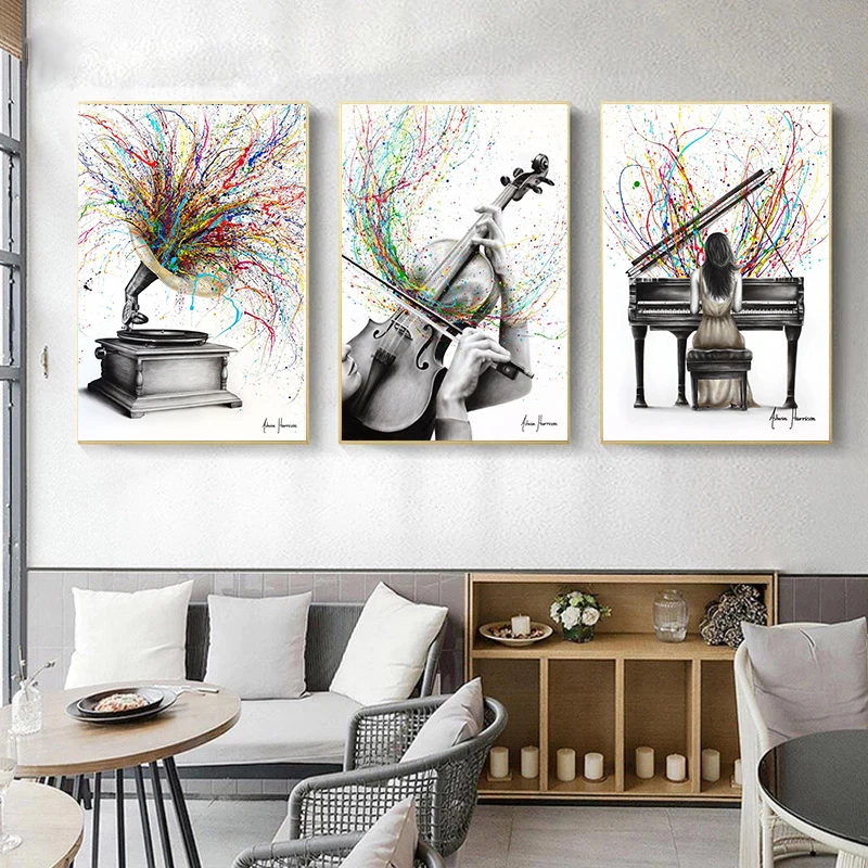 Abstract Piano Guitar Violin Phonograph Posters Prints Vintage Canvas Painting Wall Art Picture for Living Room Music Home Decor