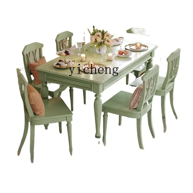 Solid Wood Green Dining Tables and Chairs Set Household Rectangular Retro Ash Dining Table