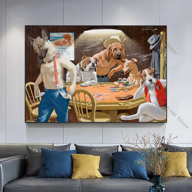 Funny Animals Party Dog Playing Poker Billiards Canvas Painting Posters and Prints Wall Art Pictures Home Decor for Living Room