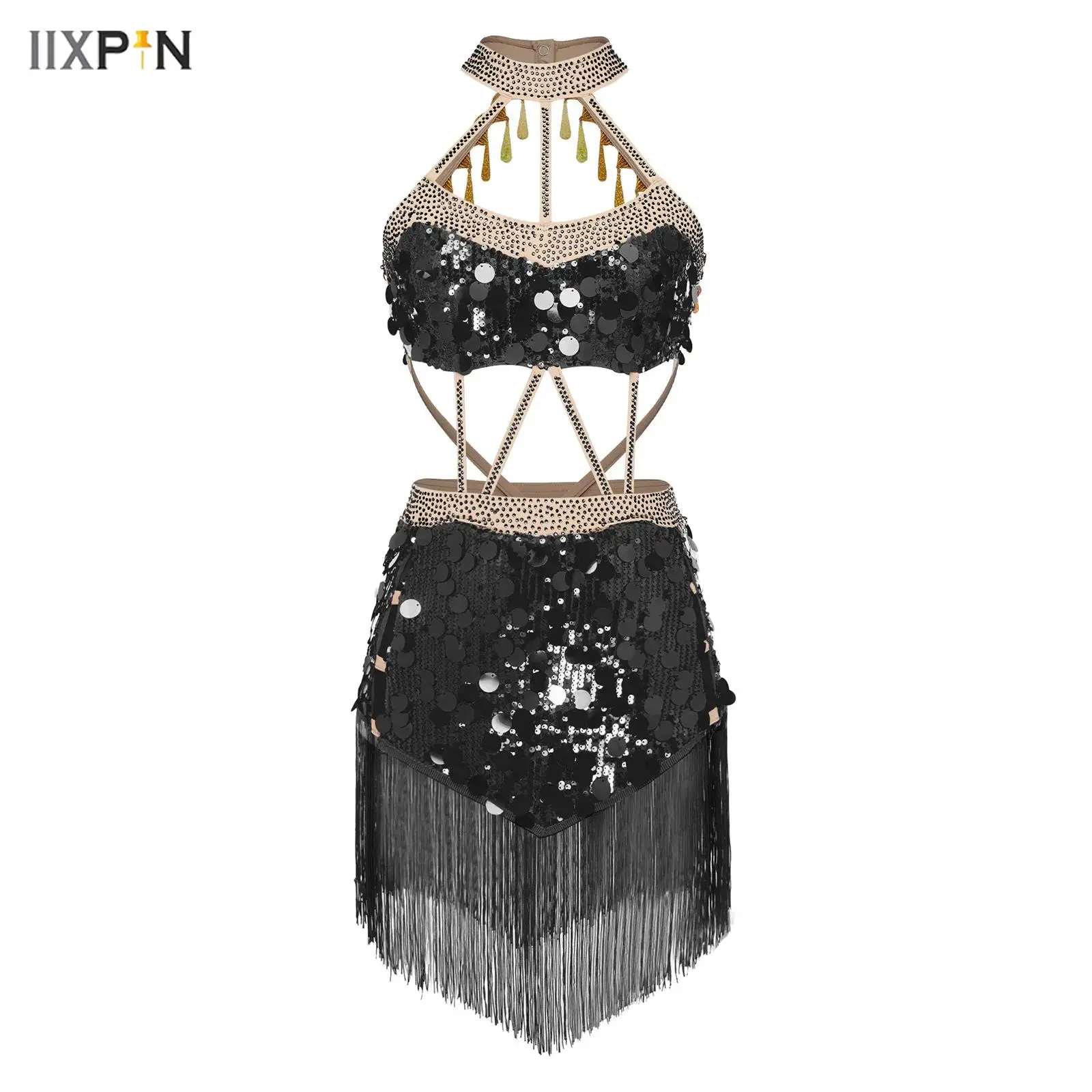

Tassels Latin Dance Dress for Women Glittery Sequins Ballet Leotard Performance Costume Halter Hollow Out Bodysuit Dress Clothes