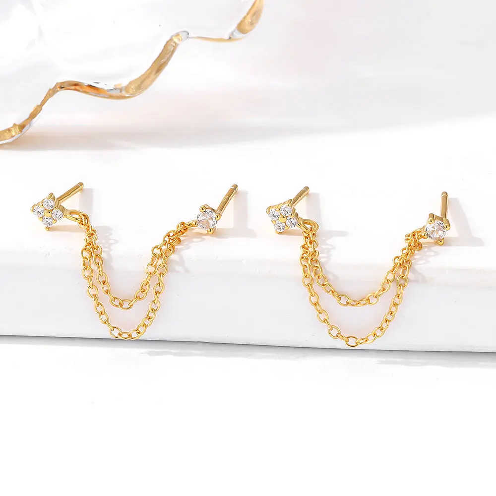 2PCS Delicate Tassel Chains Double Piercing Stud Earrings for Women Cubic Zircons Hanging on Ears Drop Cartilage Fashion Jewelry