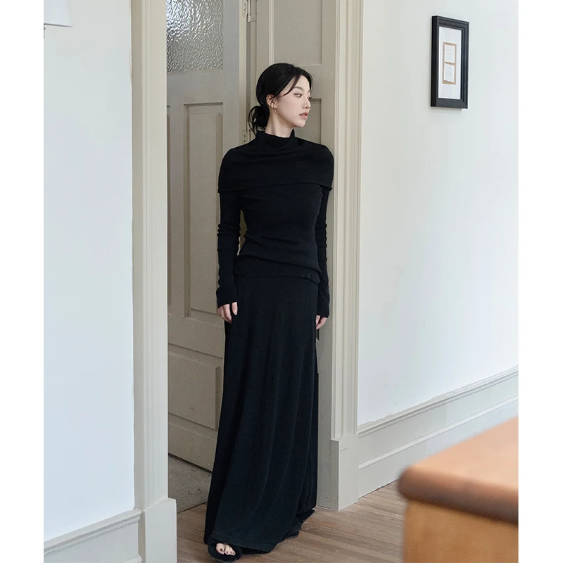 

SerioLudere Women's Long f-High Collar Versatile Base irt Top with Skirt Set Bla Faionable Spring Outfit