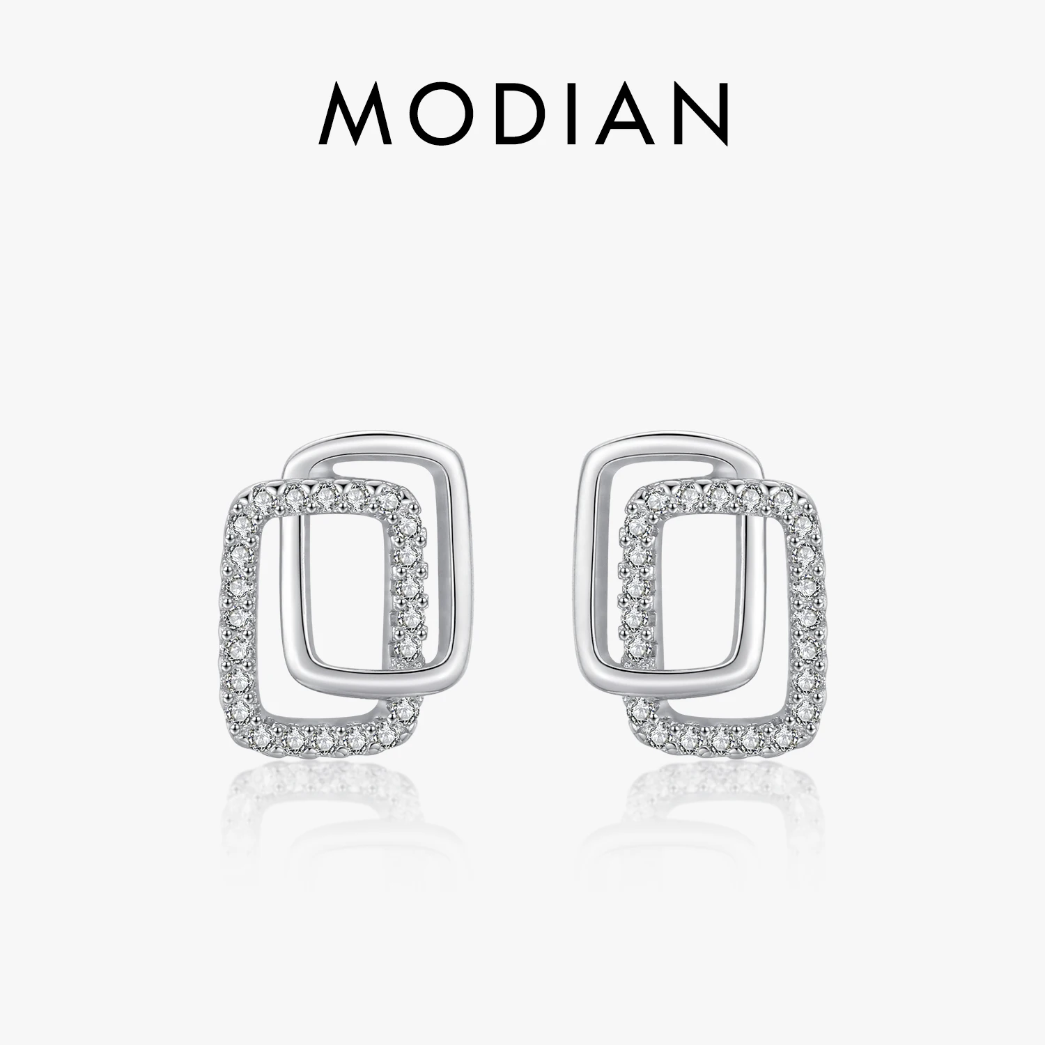 

Modian New Genuine 925 Sterling Silver Double Geometric Fashion Stud Earrings For Women Girl Clear CZ Anti-allergy Fine Jewelry