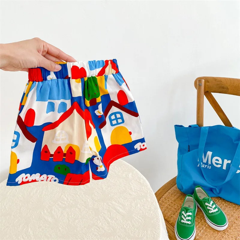 Summer Kids Girls Shorts Baby Boys Cute Cartoon House Doodle Shorts Toddler Comfortable and Breathable Kawaii Shorts Cotton