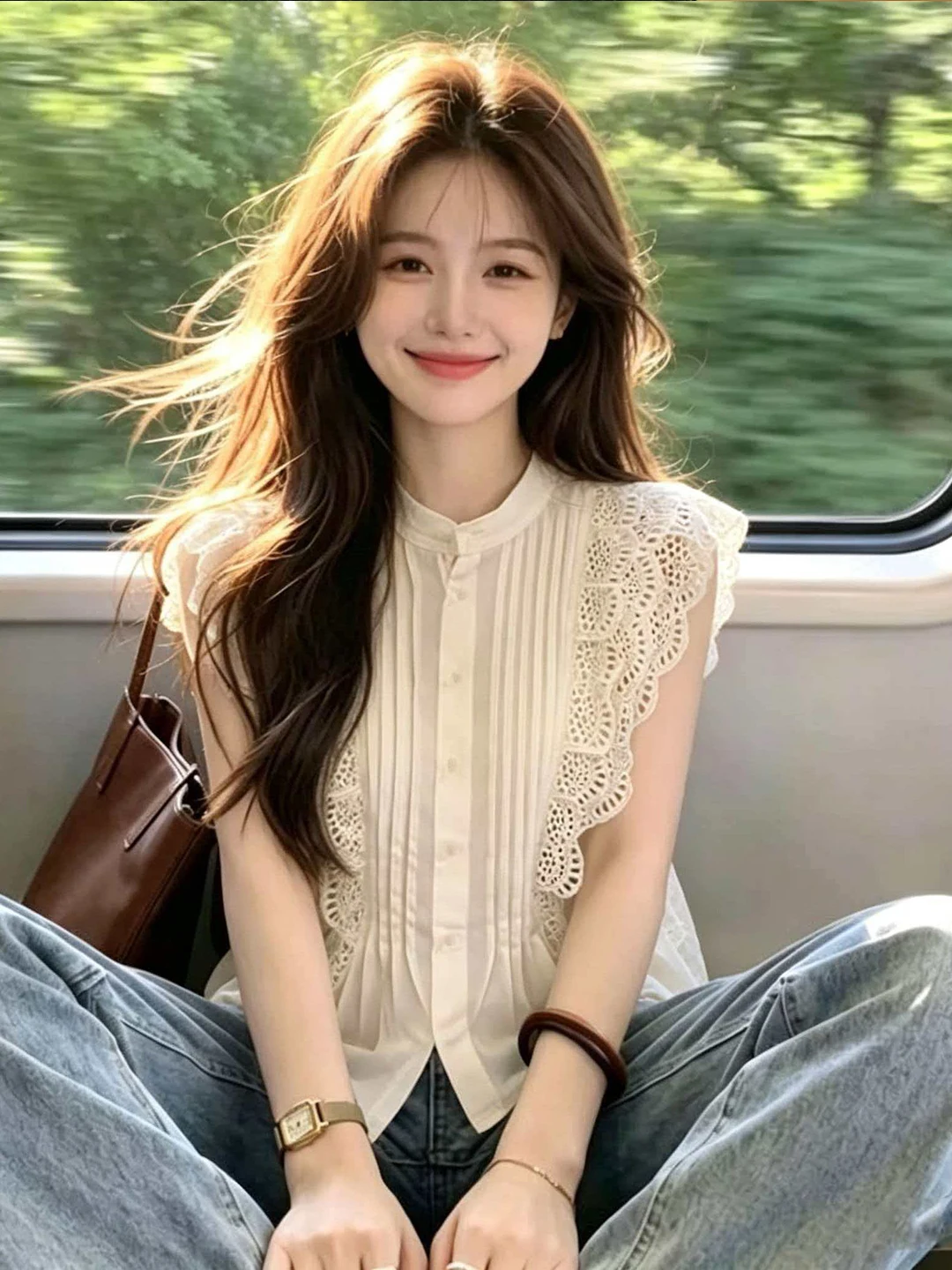 

White Hollow out Flying Sleeve Shirt Women's Style Summer Trend Korean Style Slimming Top Breathable Polyester Frock