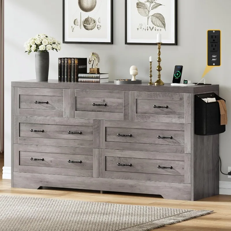 Farmhouse 7 Drawer Dresser for Bedroom, 31.5 Inch Tall Modern TV Stand with Large Drawers & Bar Handles, Storage Dressers