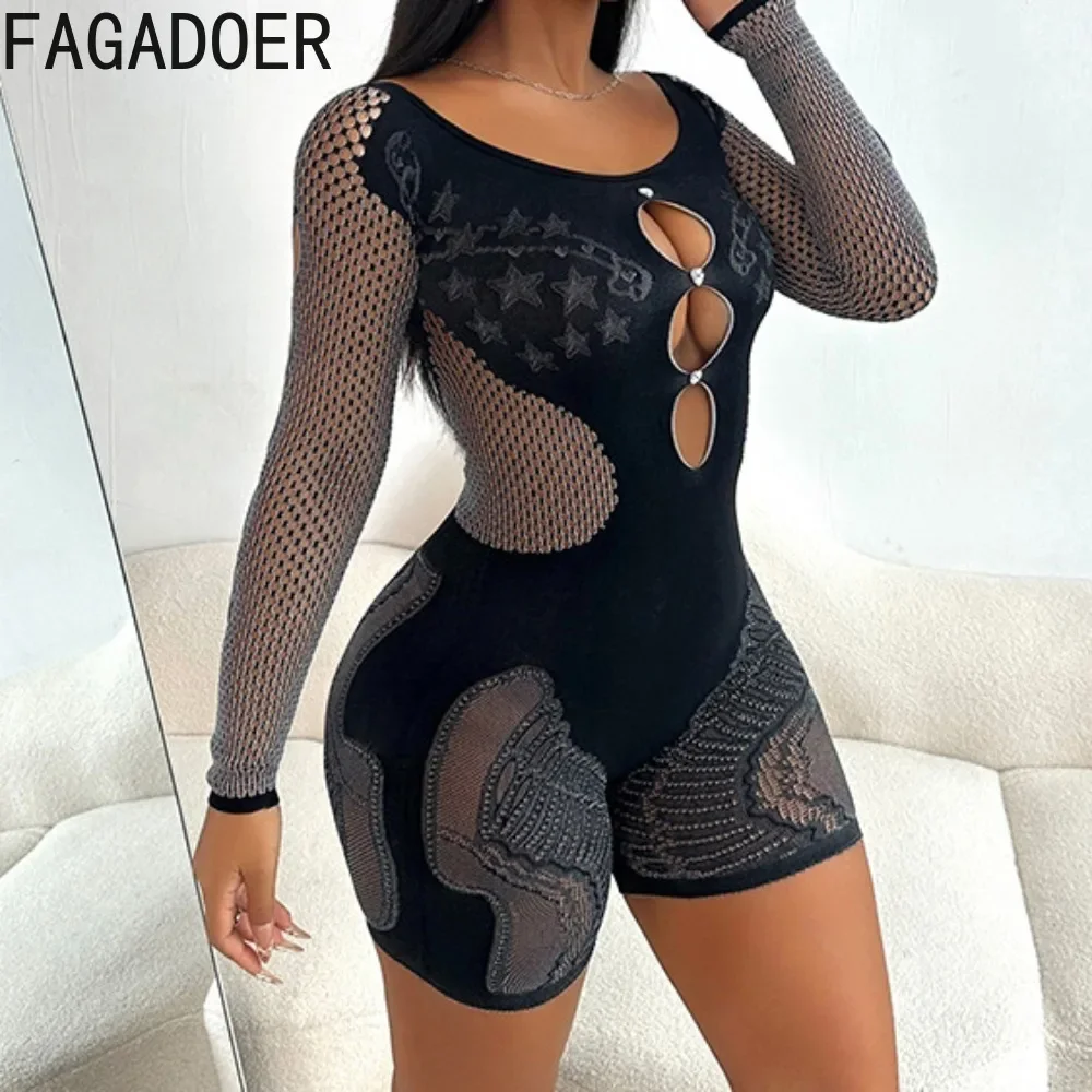 FAGADOER Sexy Hollow Thick Lace Elasticity Rompers Women Long Sleeve Bodycon One Pieces Jumpsuits Female See Through Overalls