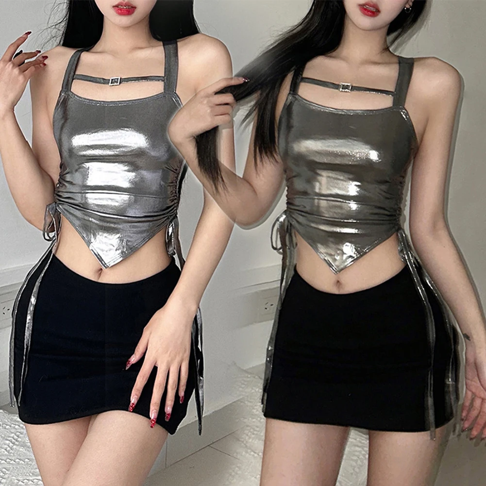 Sliver Crop Tops Solid Sleeveless Slim Tank Top Women Pleated Backless Clothes Fashion Y2K Aesthetic Casual High Street Camis