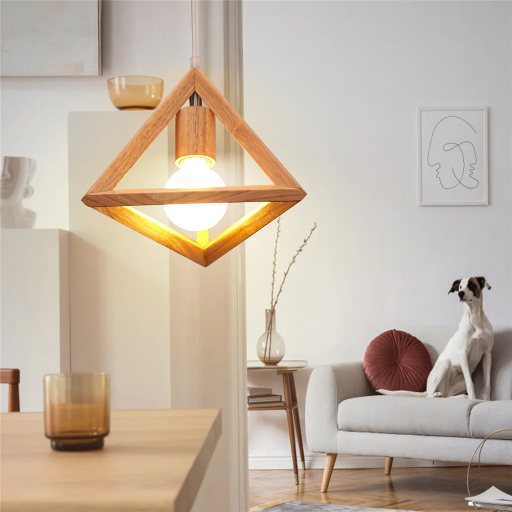 Modern Brief Wooden Pendant Light Geometric Fixture for Dining Room Living Room Lighting Lampshade Home Decoration Pendant Lamp