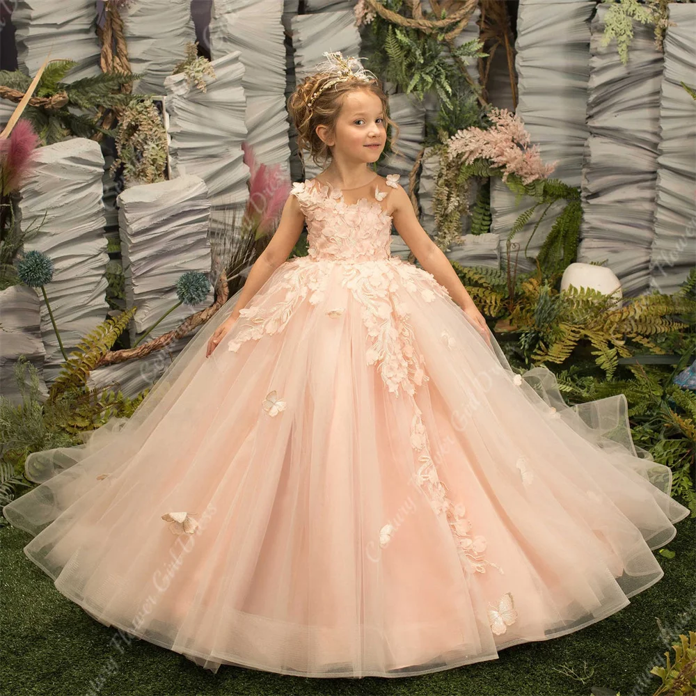 

Flower Girl Dresses for Wedding Blush Pink Floral Tulle Long 2023 Kids Bridesmaid Ball Gowns Princess Even Wed Party