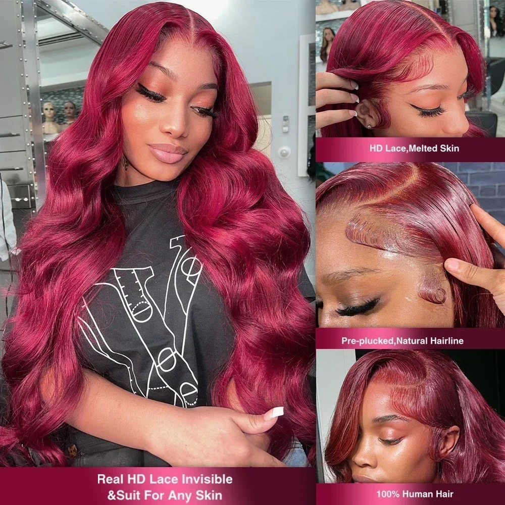 Perruque Lace Front Wig naturelle Body Wave, cheveux humains, couleur bordeaux 99j, 13x4, 13x6, densité 200, pre-plucked, transparente HD