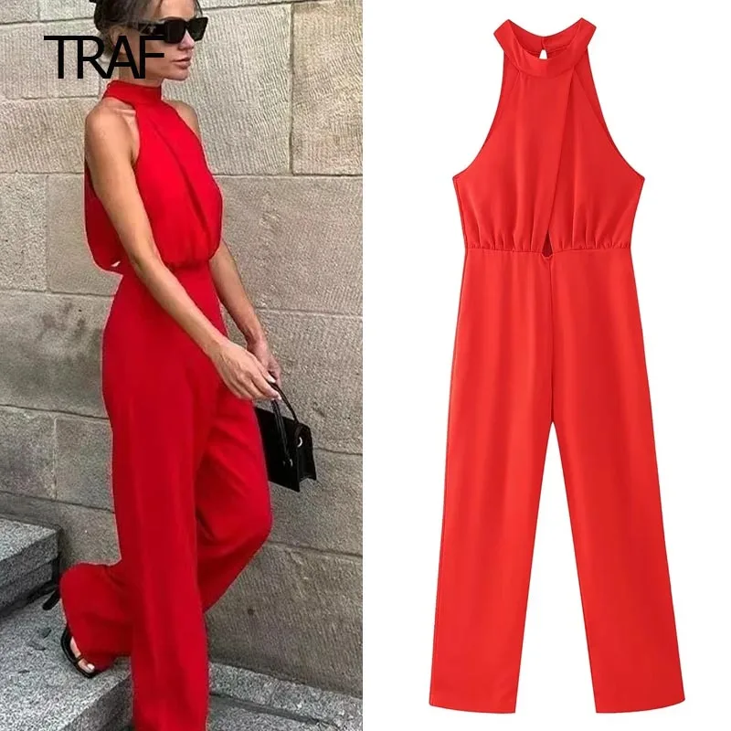 

TRAF Womens Jumpsuit Ruffled Halter Jumpsuits Red Cut-Out Autumn Sleeveless Long Mid Waist Jumpsuits Chic And Elegant Jumpsuit