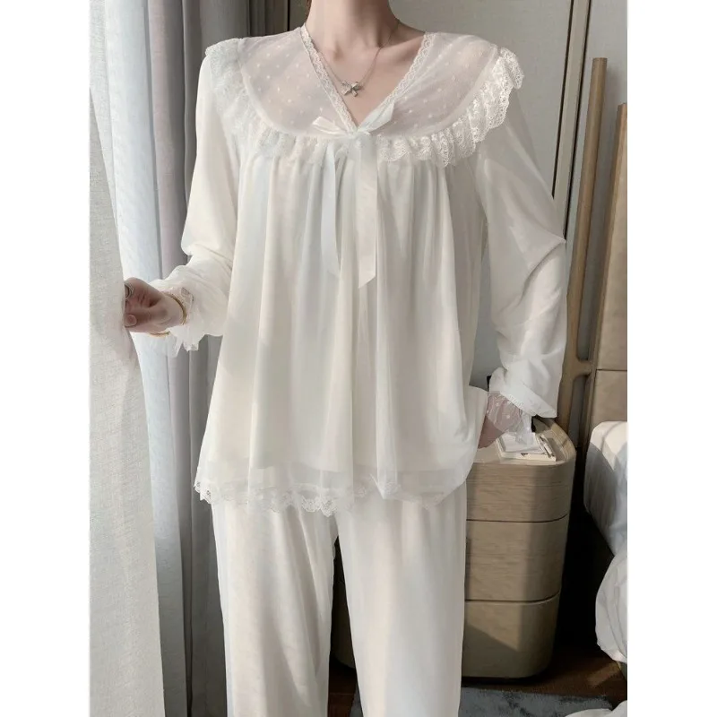 Pajamas Elegance Princess Sweet Lace White. Loungewear Can Worn Outside Sleepwear Spring Autumn Long-sleeved Two-piece Set