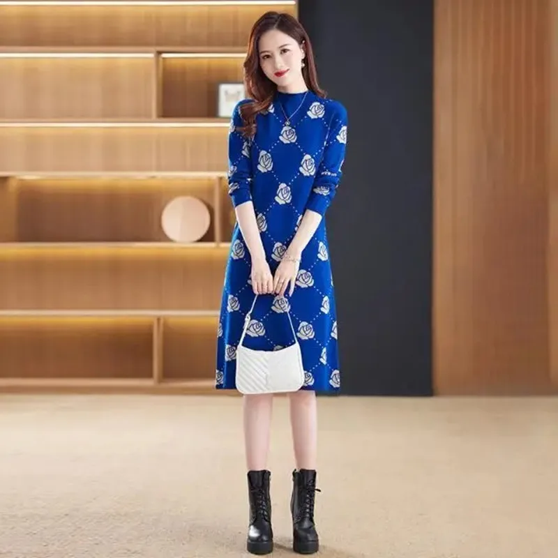 Gaun rajut wanita selutut model baru, gaun rajut musim dingin, Sweater panjang ramping, motif kebesaran, Busana baru, musim gugur, dan musim dingin, untuk wanita, 2023