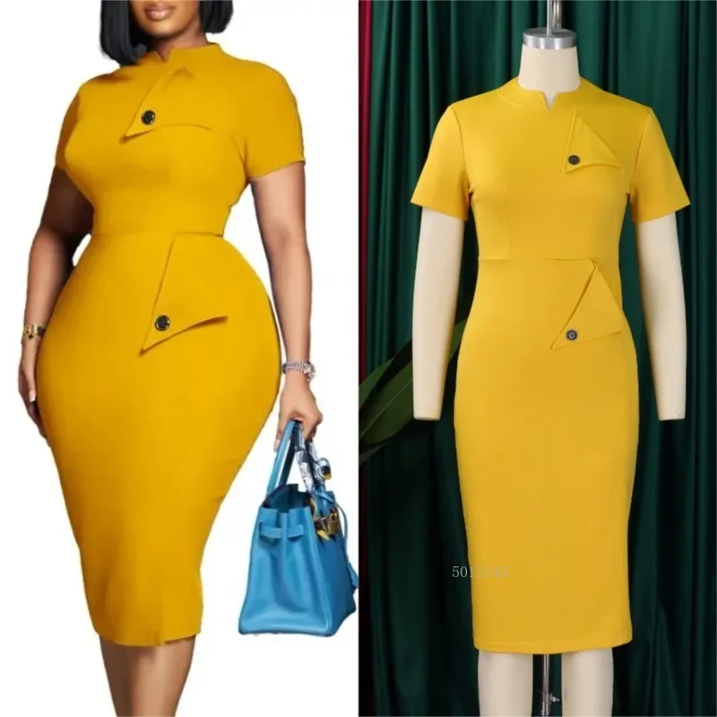 

Summer Elegant African High Waist Bodycon Dress Short Sleeve Blue Yellow Red Polyester Clothing for Women