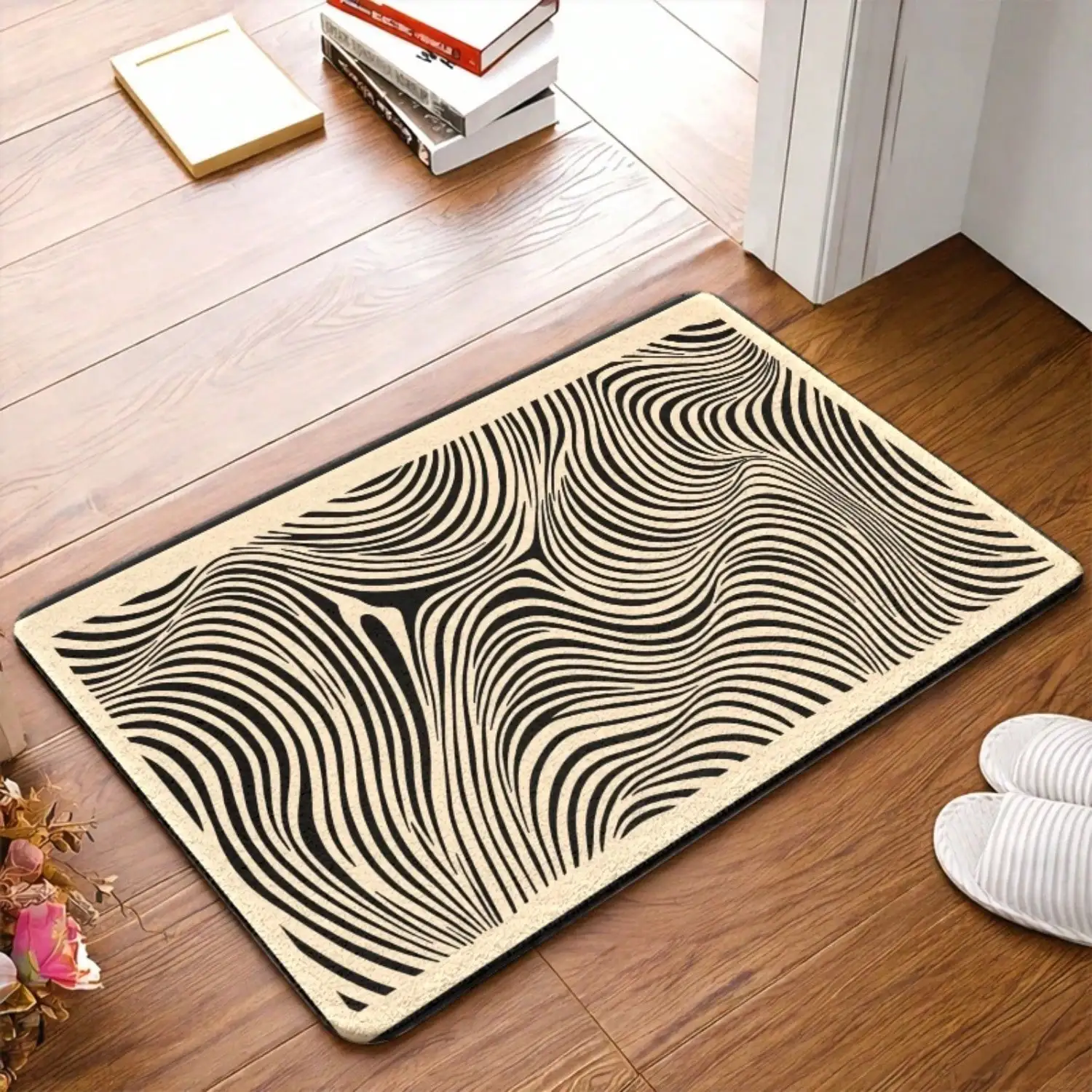 1pc Abstract Wave Pattern Non - Slip Flannel Floor Mat, Durable & Stain - Resistant & Machine - Washable, Universal Door Mat/Rug, Suitable For Living Room