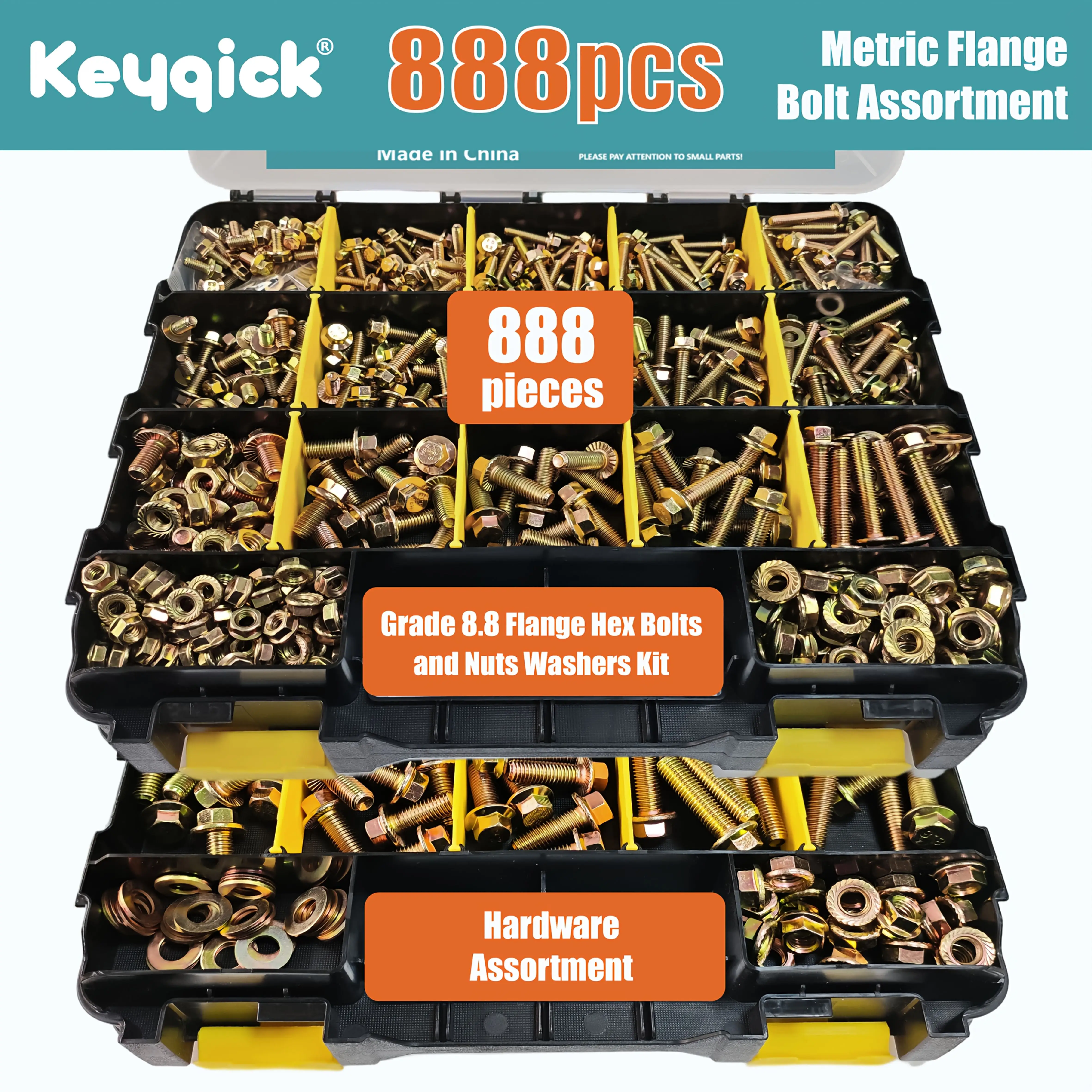 888pcs Metric Colour-Coated Galvanised Flange Bolts, Nuts And Washers, M5, M6, M8 And M10 Heavy Duty Hex Bolts And Nuts Kit, Made From Grade 8.8 Alloy Steel, With A Fully Threaded Design, Suitable For Maintenance Work On Various Projects