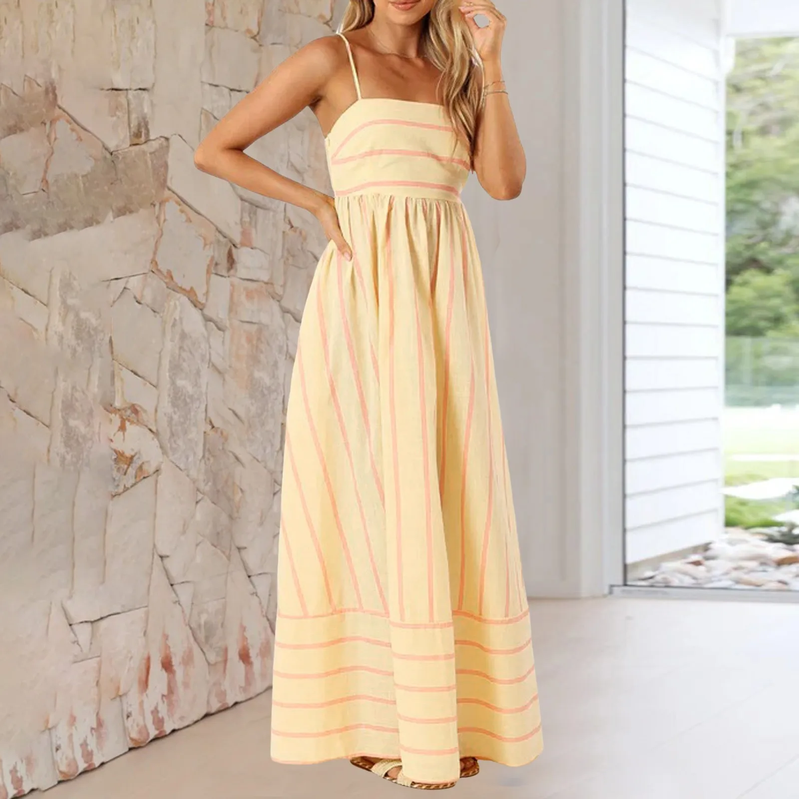 

Striped Spaghetti Strap Long Dress Women Sling Backless Pleated Large Swing Dress 2024 Summer Casual Loose Ladies Sundress