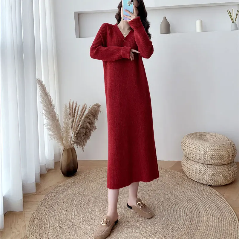 Vestido Midi suelto con cuello en V para mujer, vestidos rectos de punto de manga larga, botones casuales, Color sólido que combina con todo, Otoño e Invierno