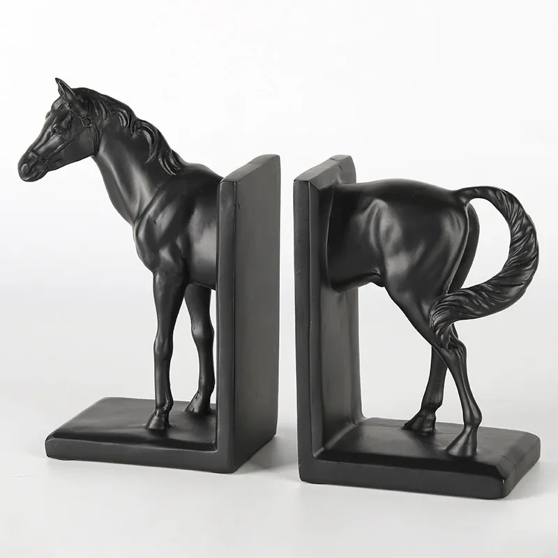 

X22Resin Handicraft Artificial Animal Sculpture A Dark Horse Stallion Bookshelf Storage Decorative Figurines Home Decoration