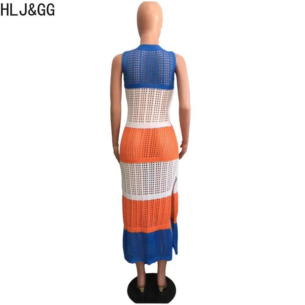 HLJ&GG Summer New Hollow Splicing Knitting Holiday Beach Dresses Women Round Neck Sleeveless Slit Vestidos Fashion Clothing 2024