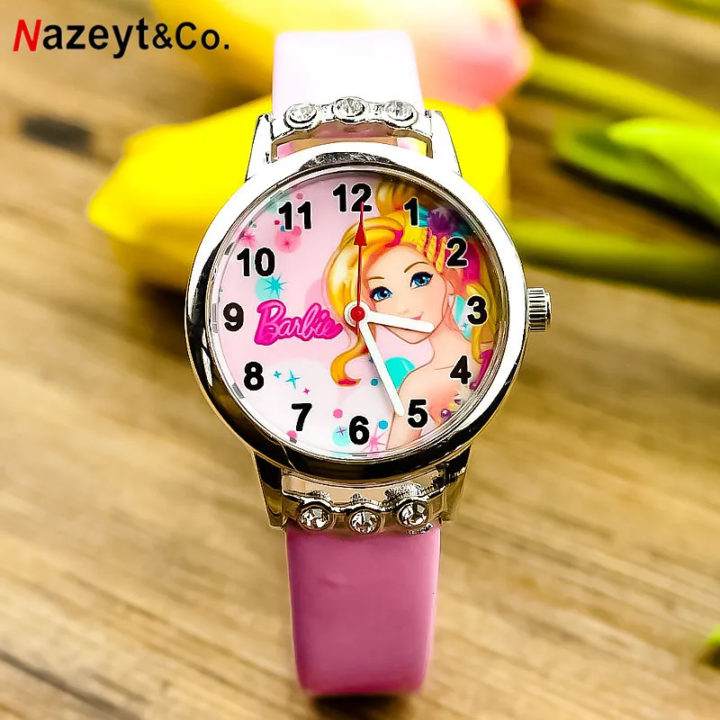 Kawaii Barbie Wristwatches Cartoon for Girl Children Belt Wristband Clock Diamond Decoration Student Accessories Kids Watch Gift