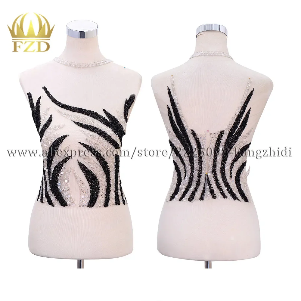 

FZD 1 Set Handmade Front&back Cut Beads Bodice Patches and Rhinestones Applique with Gauze for Wedding Dresses DIY Clothes