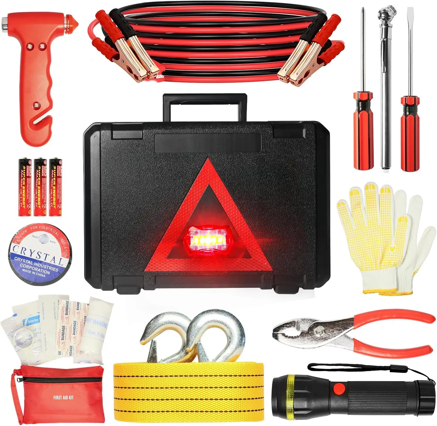 

Car Emergency Kit with Warning Light, Reflective Triangle, Jumper Cables, Flashlight, First Aid, Tire Gauge, Safety Hammer