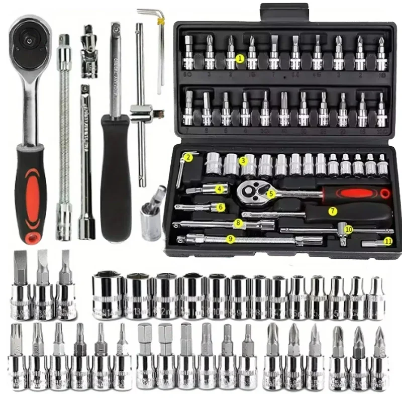 46pcs 1/4 Inch Drive Socket Set Ratchet Wrench Set Car Tool Kit, Bit Socket Wrench Set Metric Mechanic Tool Set Car Accessories