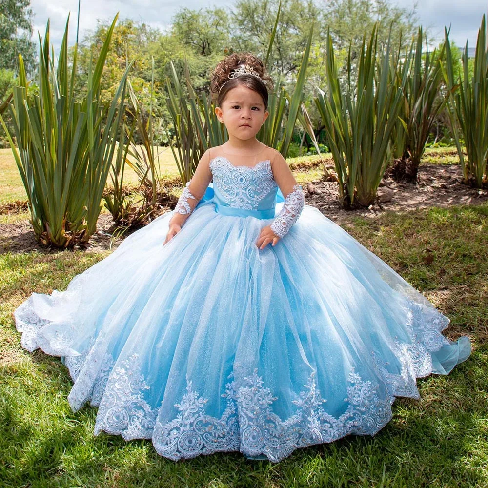 Vestido floral de tule rosa para casamento, mangas compridas, apliques inchados, comprimento até o chão, princesa, aniversário infantil, primeira comunhão