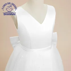 White V-neck Bow Flower Girl Dresses  A-LINE First Communion Pageant Bridesmaid Dresses for Aged 1-14