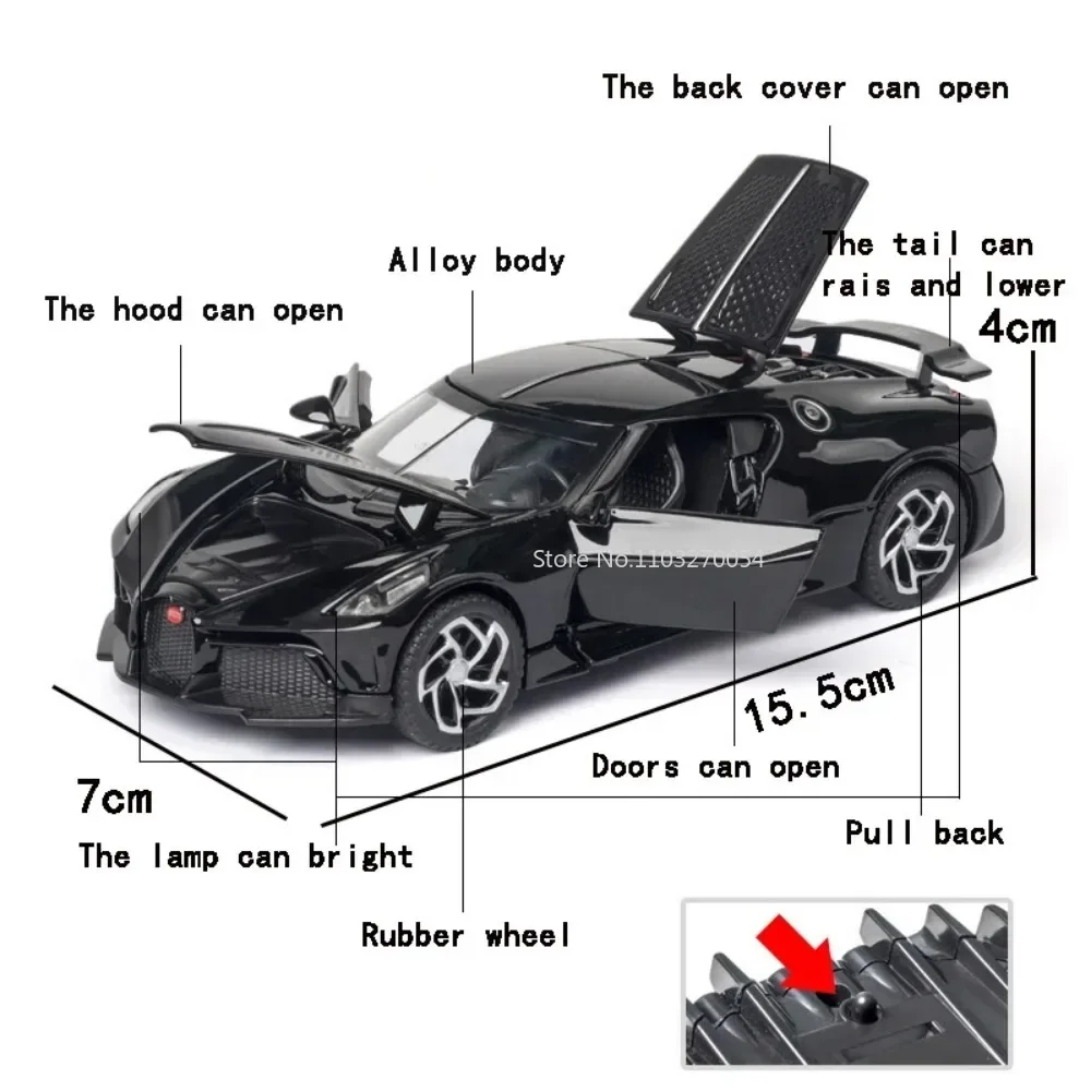 1:32 La Voiture Noire DIVO Toys Sportscar Diecast Alloy Model with Sound Light Pull Back Doors Opened Vehicle Collecting Hobbies