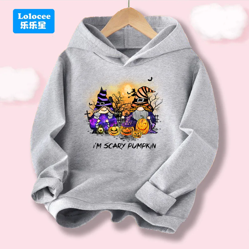 Lolocee Boys' & Girls' Halloween Hoodie, Kawaii Gnome & Pumpkin Cartoon Print, Casual Kids' Hooded Top WSJ3