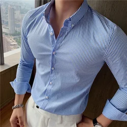 Camisas para hombres de manga larga 2024 otoño nuevo estilo británico a rayas a cuadros Casual Slim Fit vestido Formal Camisas moda hombres ropa