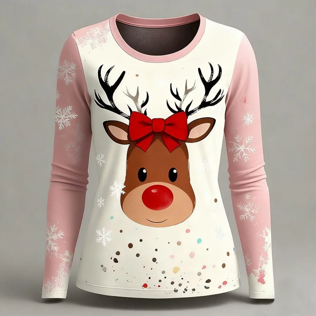 

Women's Holiday 3D Print Long Sleeve Santa Reindeer Merry Christmas Crew Neck Casual Tops Spring Fall Seasonal Fashion Clothing