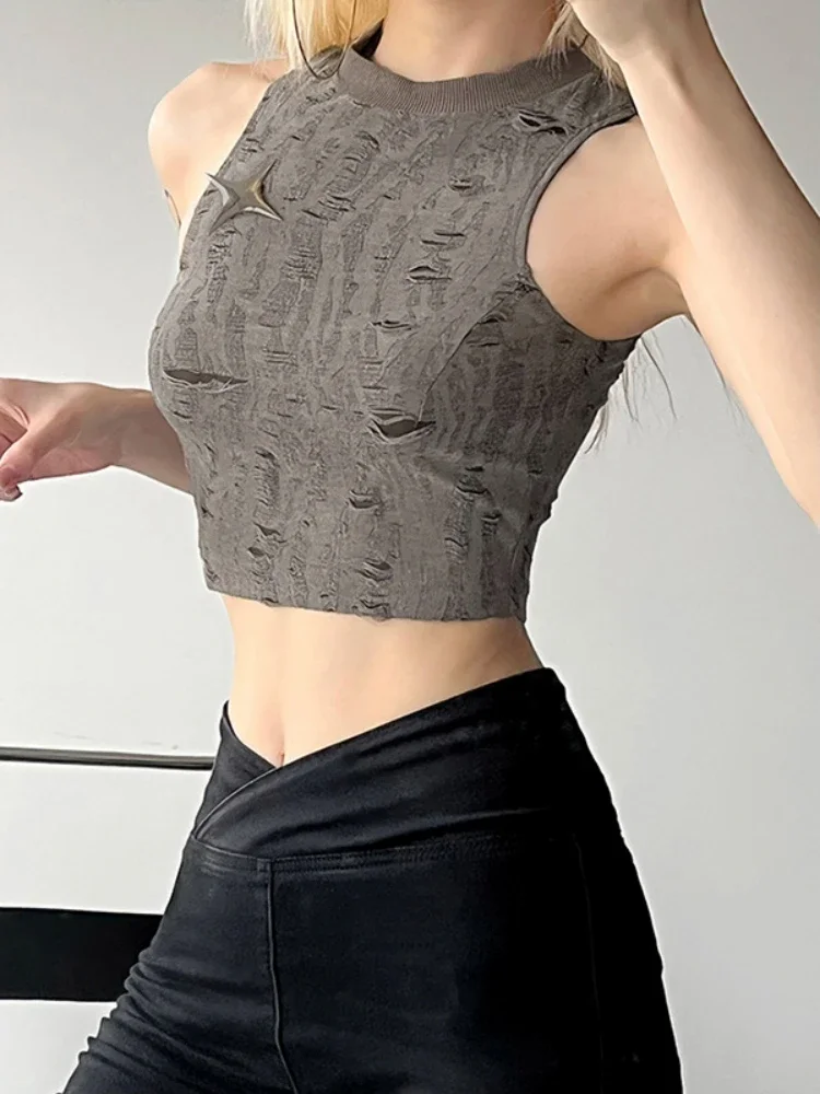 Summer New Women Brooch Tank Top Casual Fashion Solid Color Frosted Crop Tops Sexy Slim Round Neck Sleeveless Women Clothing