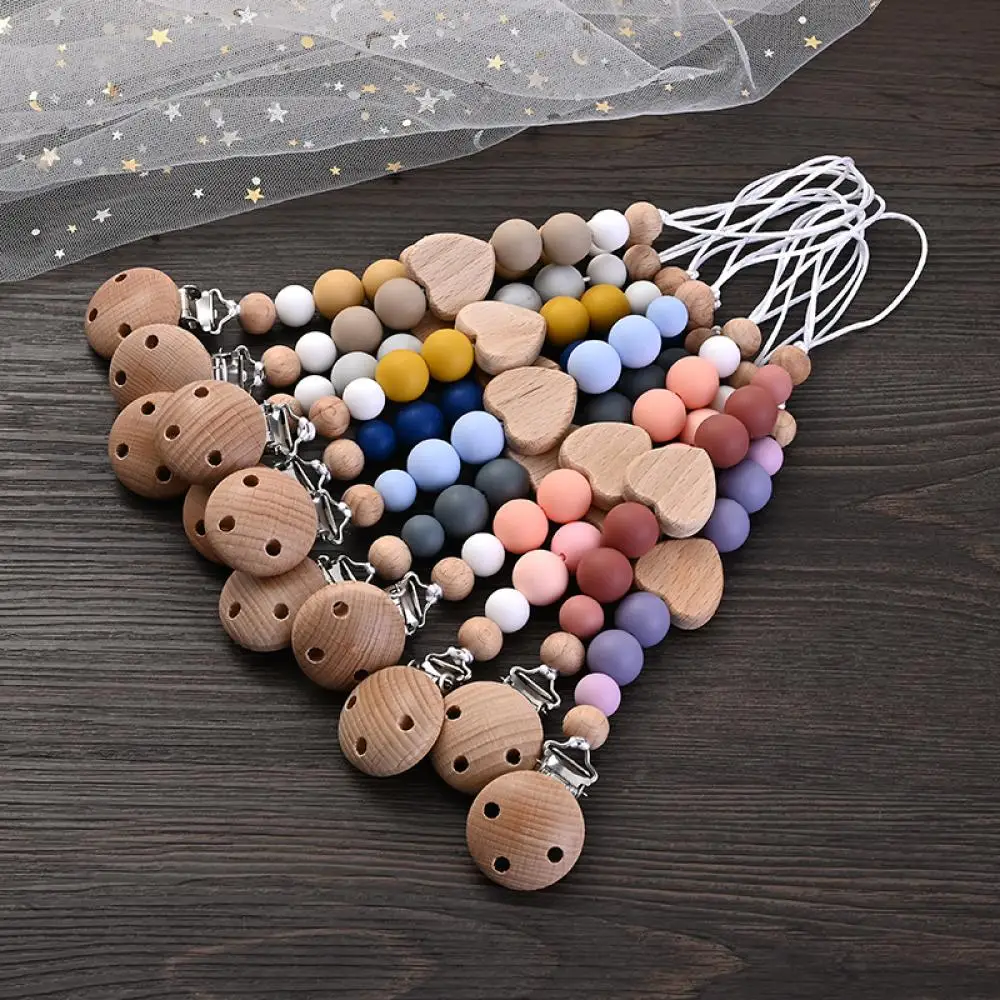 Silicone Teething Beads Soother Chain Baby Care Toy New Beech Heart Beads Baby Nipple Chain Wooden Round Pacifier Clip