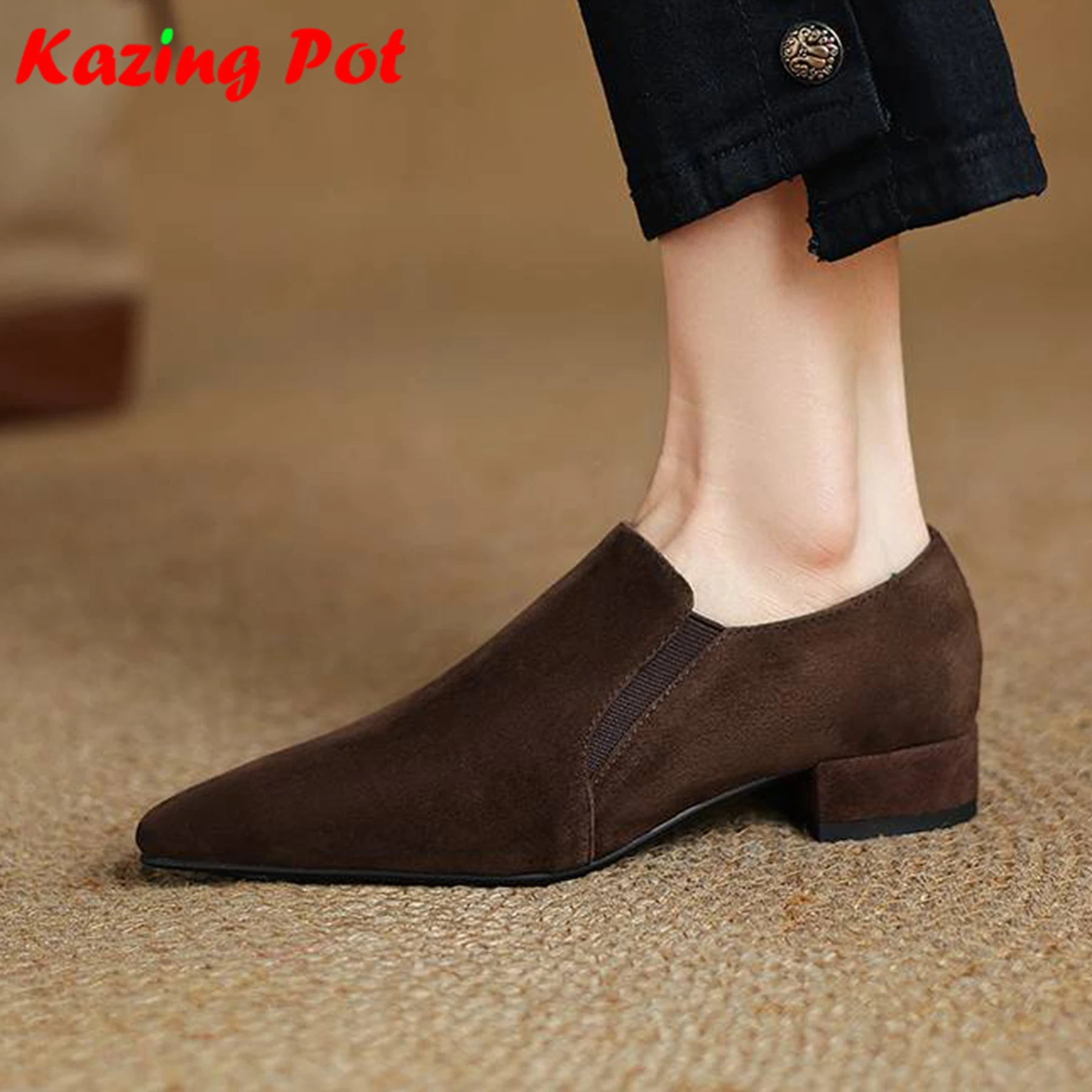 

Krazing Pot Sheep Suede 2025 Spring Shoes Thick Heels Oxford Shoes Pointed Toe Women Deep Mouth High Fashion Daily Dating Pumps