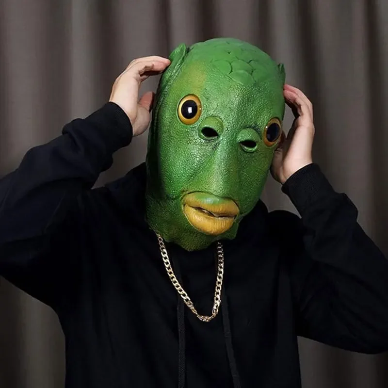 2025 Halloween Cospaly Masque de monstre à tête de poisson vert Masque de cheveux Murloc Couvre-chef de fish Masque mignon
