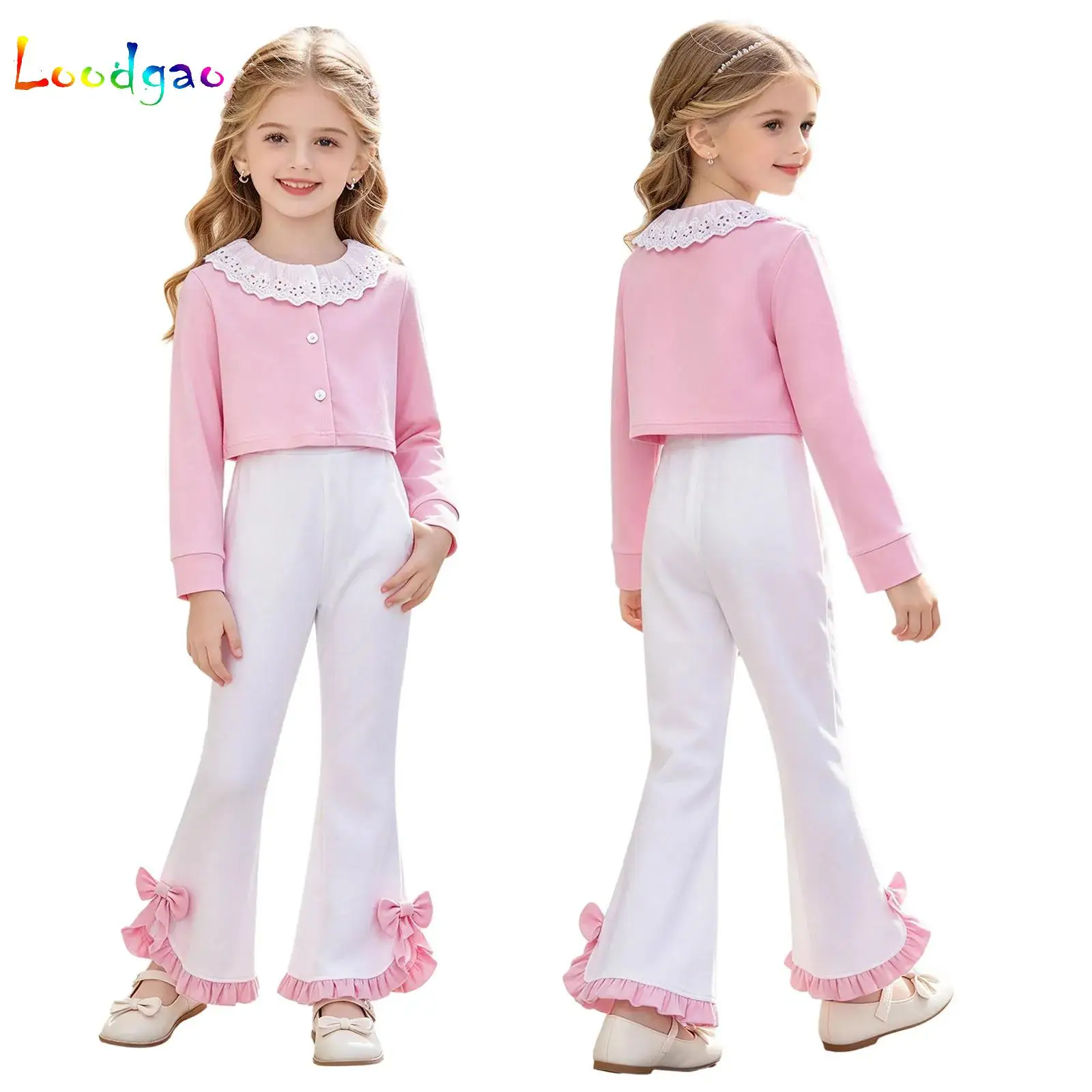 Kids Girls 2-piece Y2K Fashion Streetwear Bow Ruffles Jumpsuit with Long Sleeve Jacket Outfit Casual Vacation Party Clothes Set