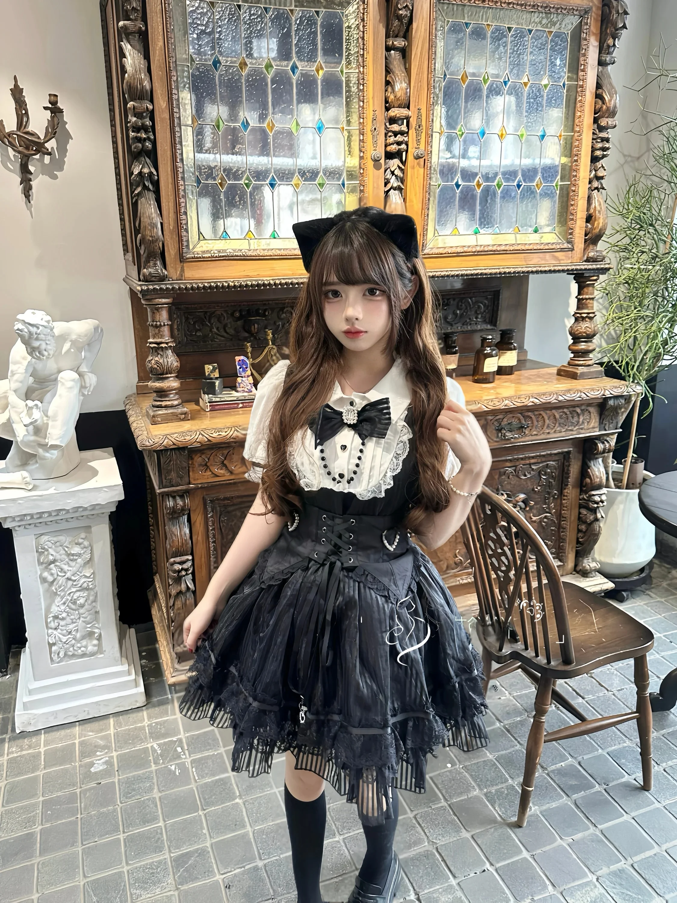 Miaobing Dark Gothic Lolita Striped Lace Bowknot Waist Cinched Puffy Skirt Dress for Girls Short Sleeve Zipper Closure Daily ...