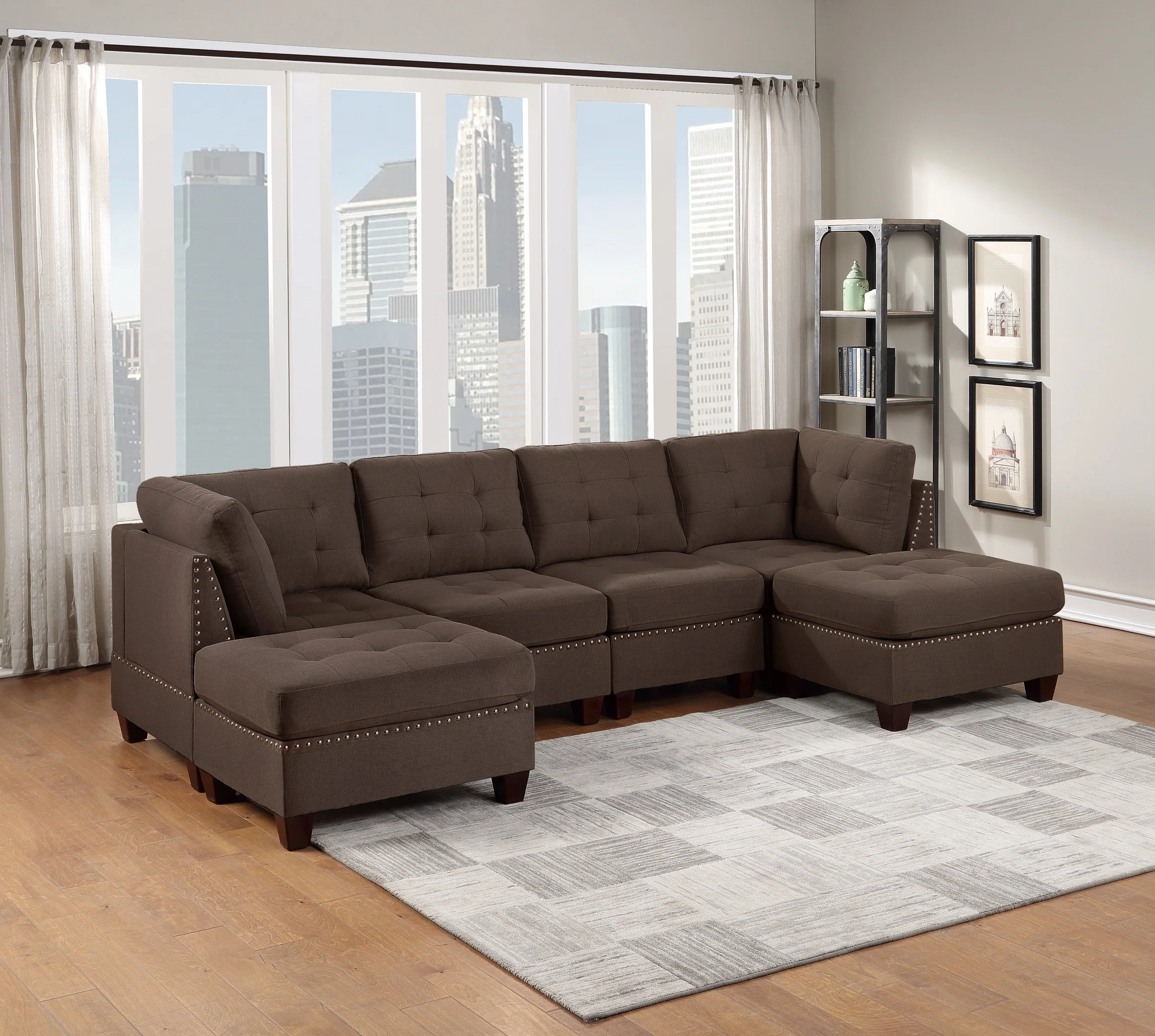 

Modular Sectional 6pc Set Living Room Furniture U-Sectional Tufted Nail heads Couch Black Coffee Linen Like Fabric 2x Corner Wed